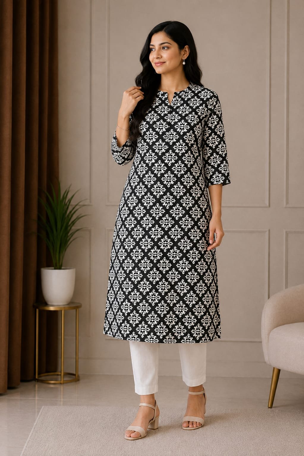 Elegant Black & White Printed Women’s Kurti - View 2