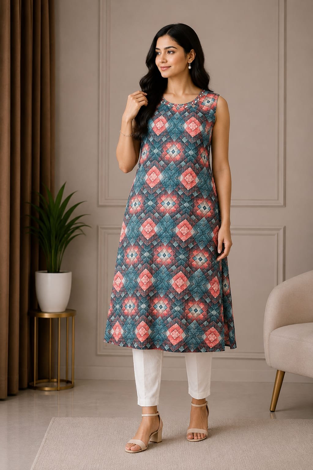 Stylish Blue & Pink Geometric Printed Women’s Kurti - View 2