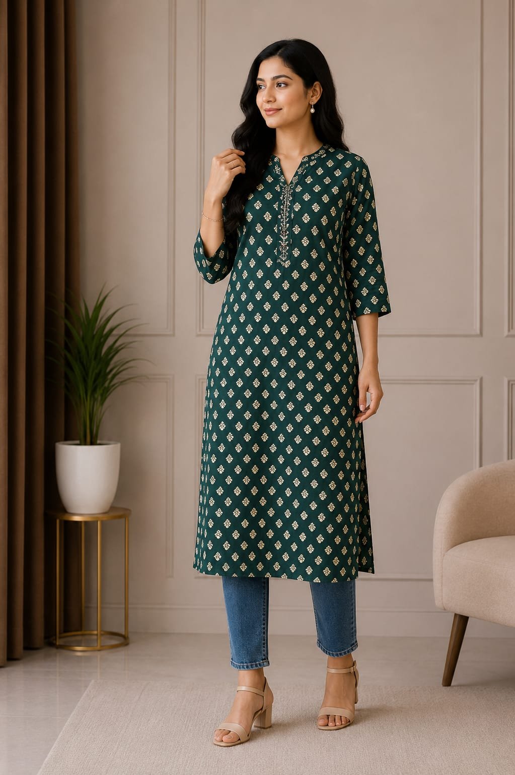 Elegant Dark Green Printed Women’s Straight Kurti - View 2