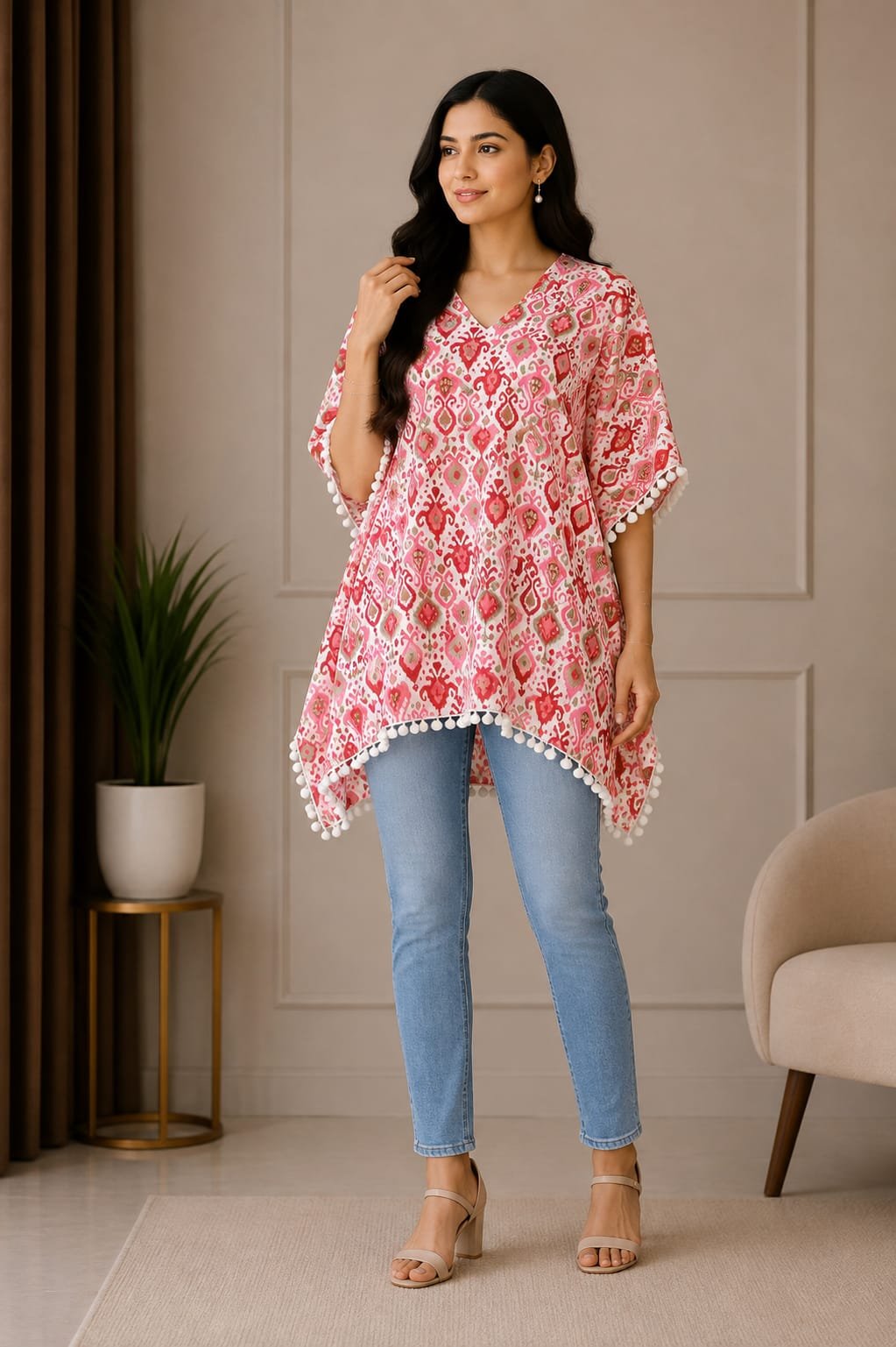 Elegant Pink & White Printed Women’s Kaftan Top - View 2