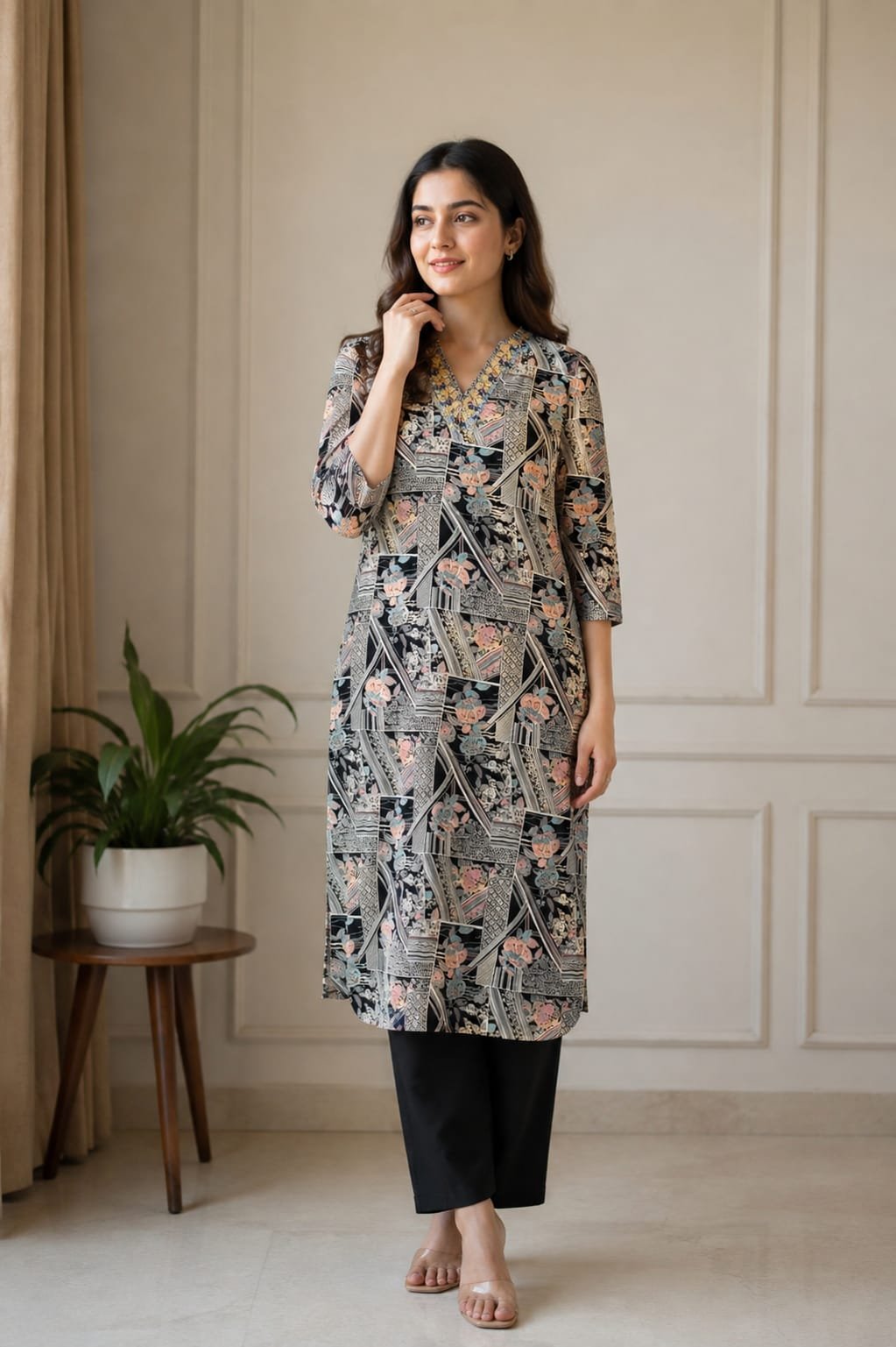 Elegant Black & Peach Floral Printed Women’s Kurti - View 2