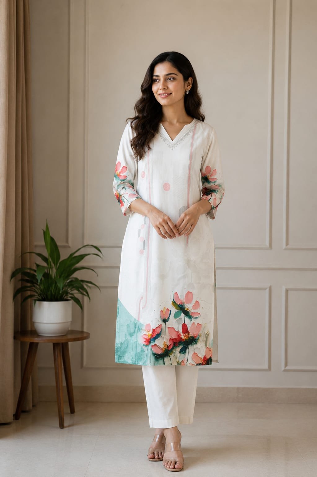 Elegant White Floral Printed Women’s Straight Kurti - View 2
