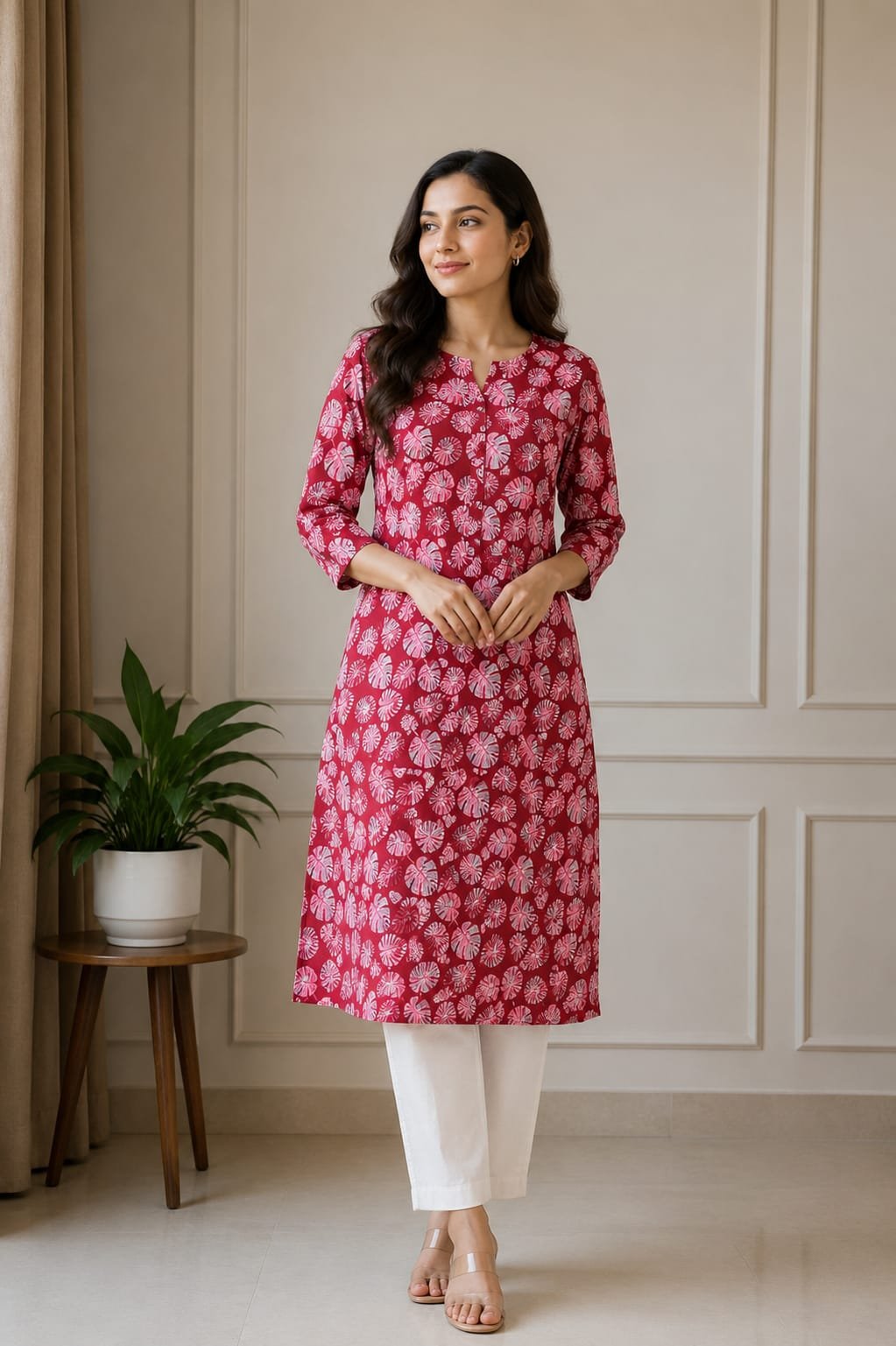 Elegant Red Floral Printed Women’s Straight Kurti - View 2