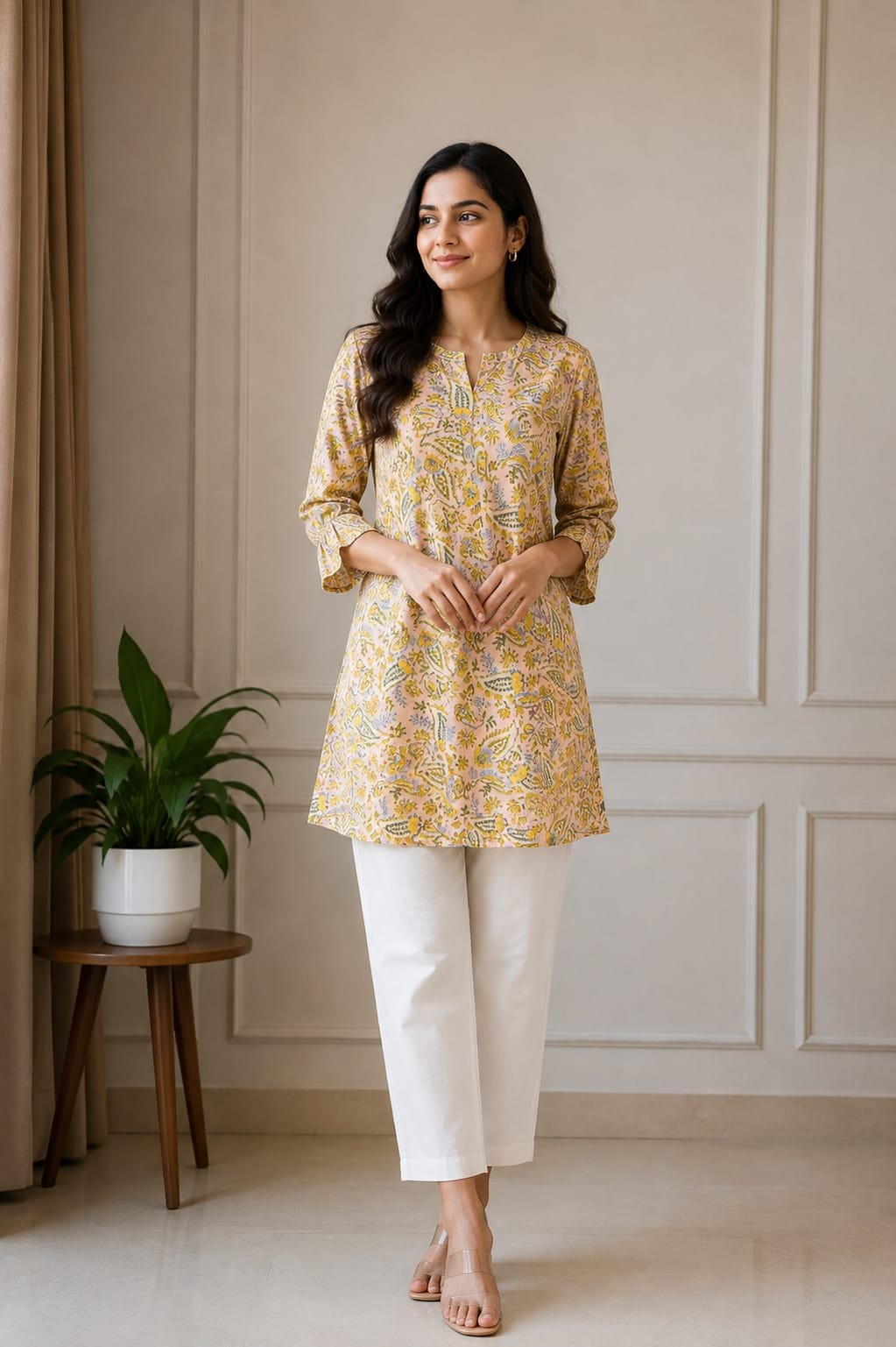 Elegant Yellow Floral Printed Women’s Kurti - View 2
