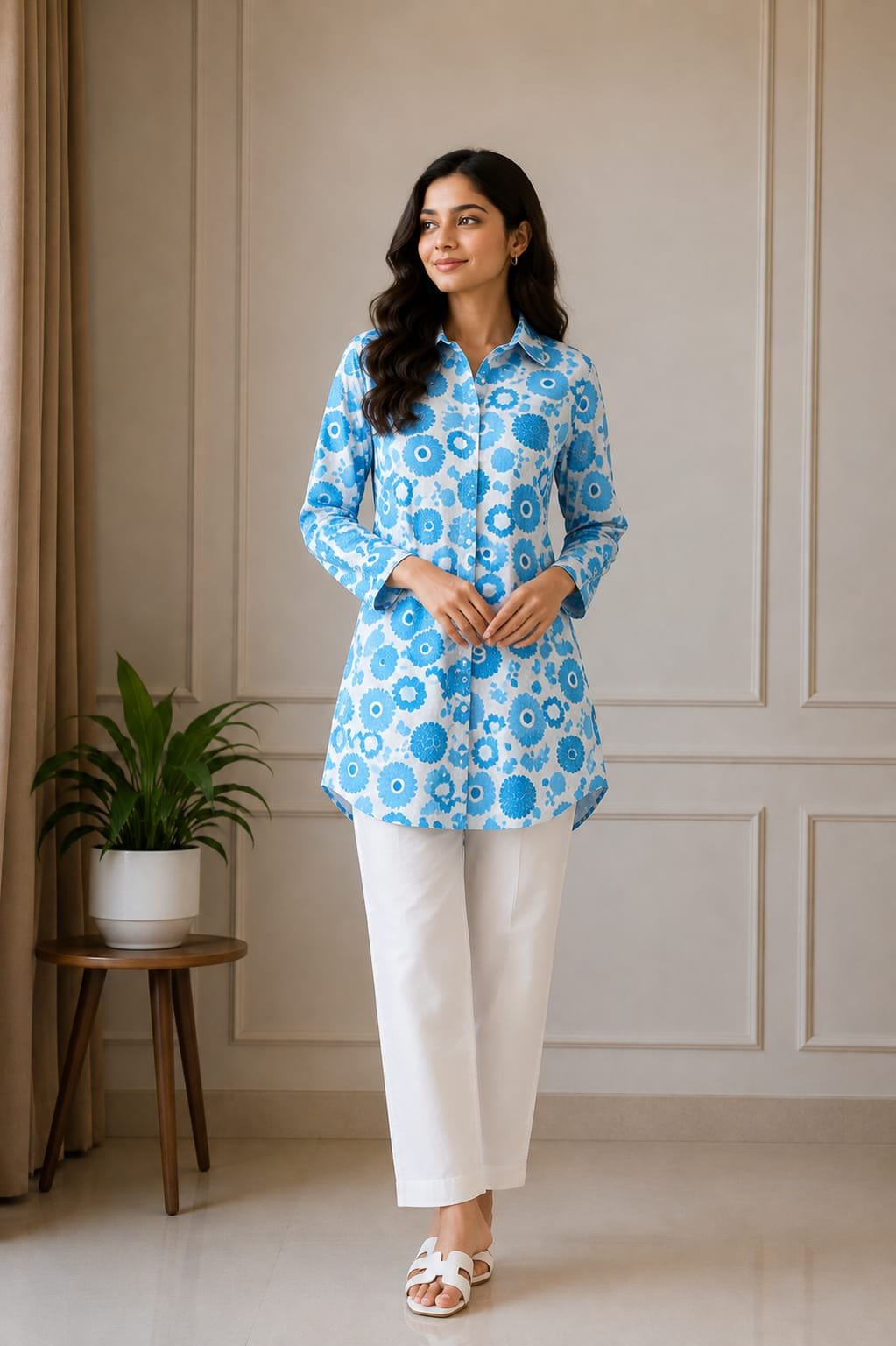 Blue Floral Printed Women’s Shirt-Style Kurti - View 2
