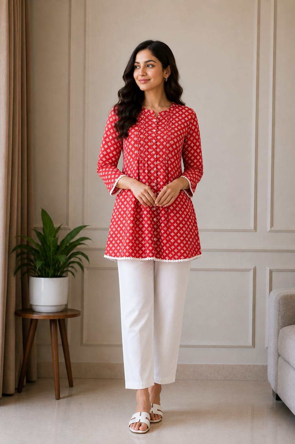 Women's Red Geometric Print Cotton Short Kurti | Casual Ethnic Tunic Top - View 2