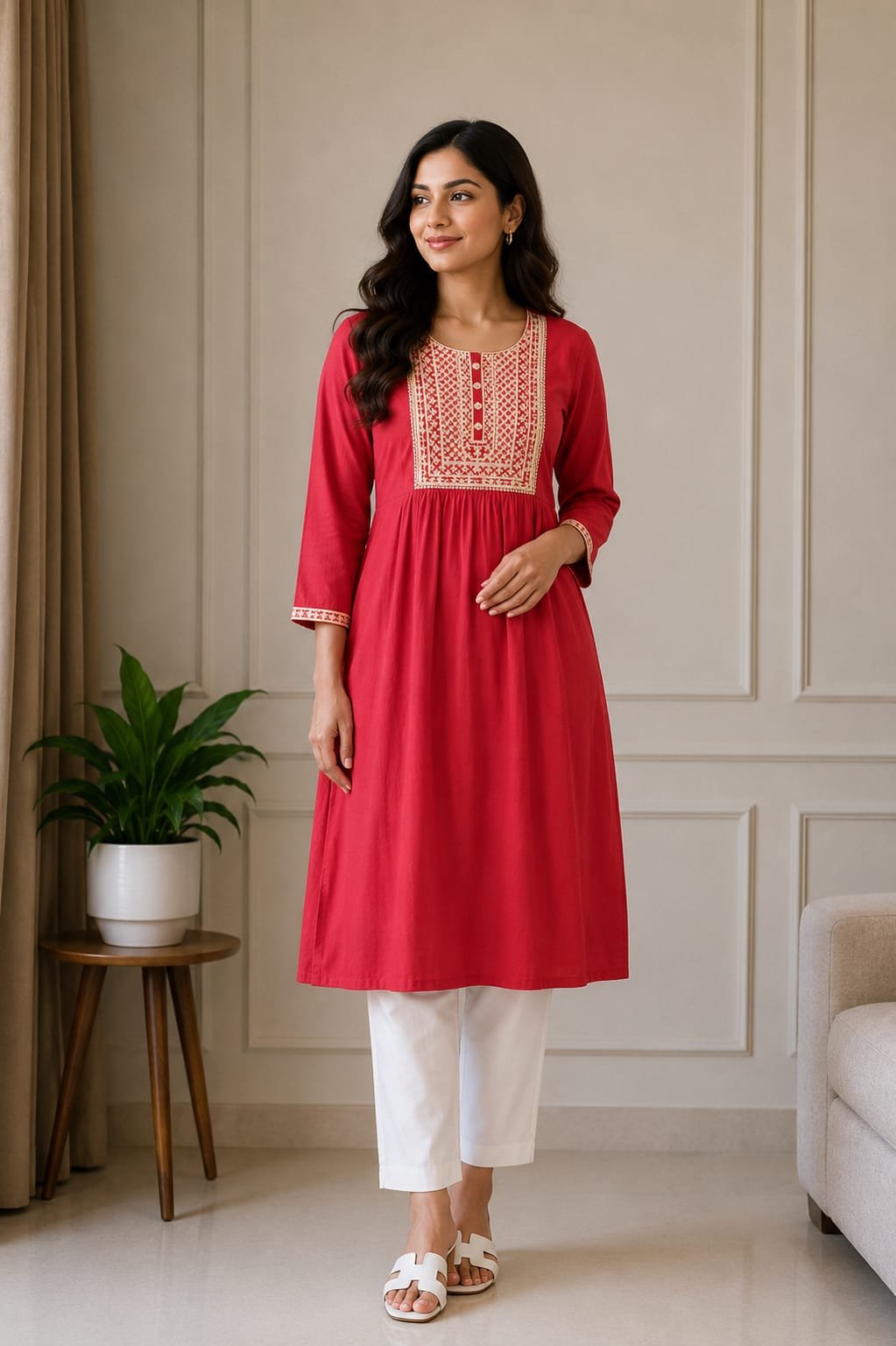 Red Embroidered Anarkali Style Women’s Kurti - View 2