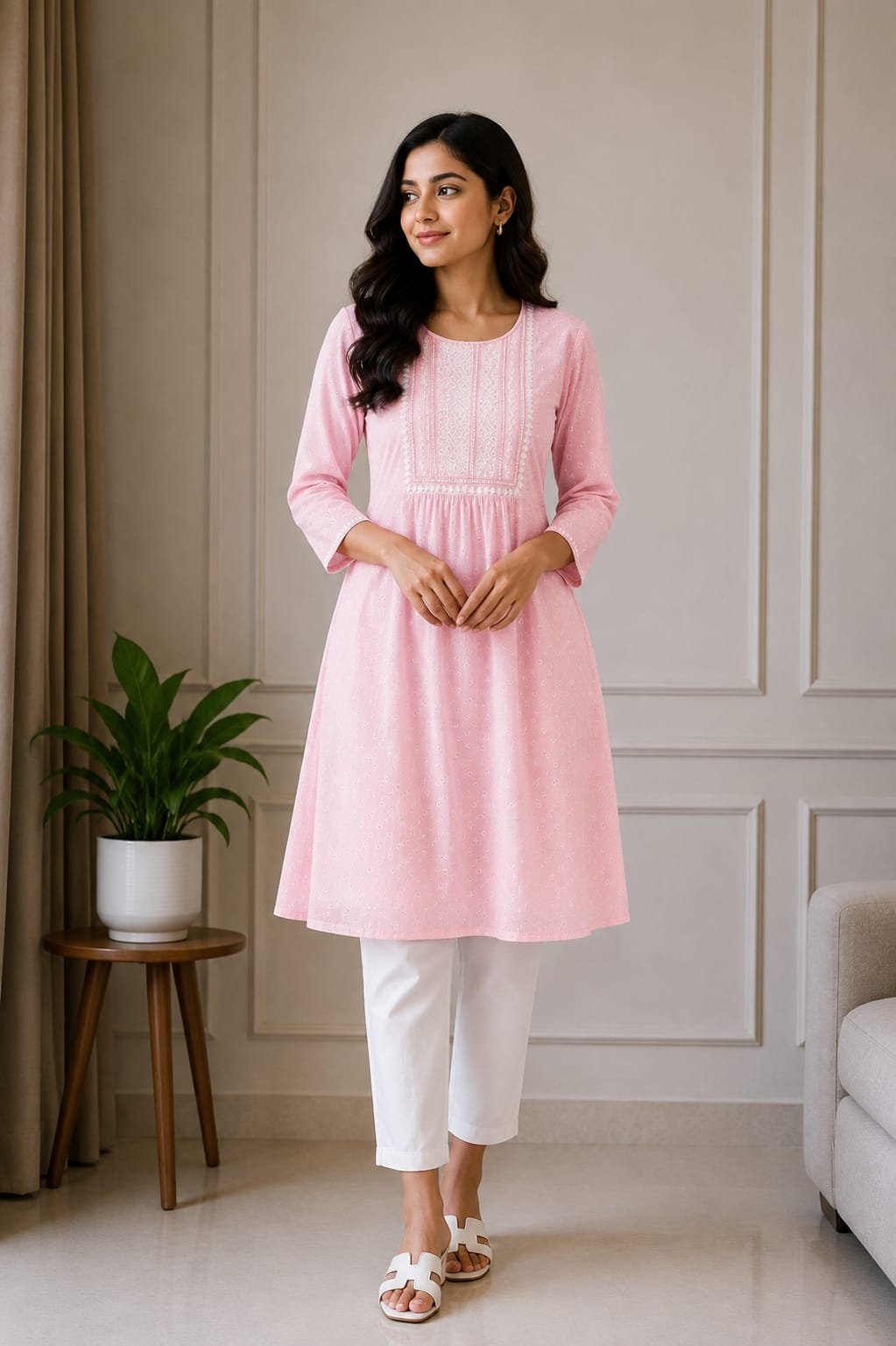 Light Pink Embroidered Anarkali Kurti for Women - View 2