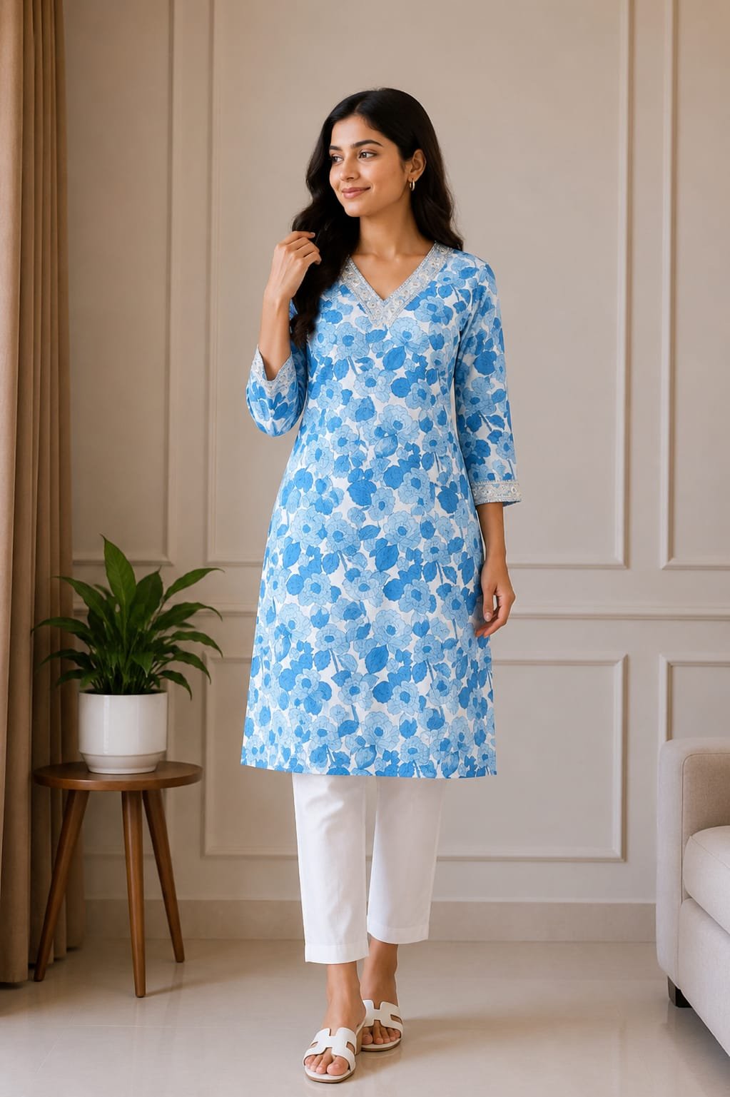 Blue Floral Printed V-Neck A-Line Kurti for Women - View 2