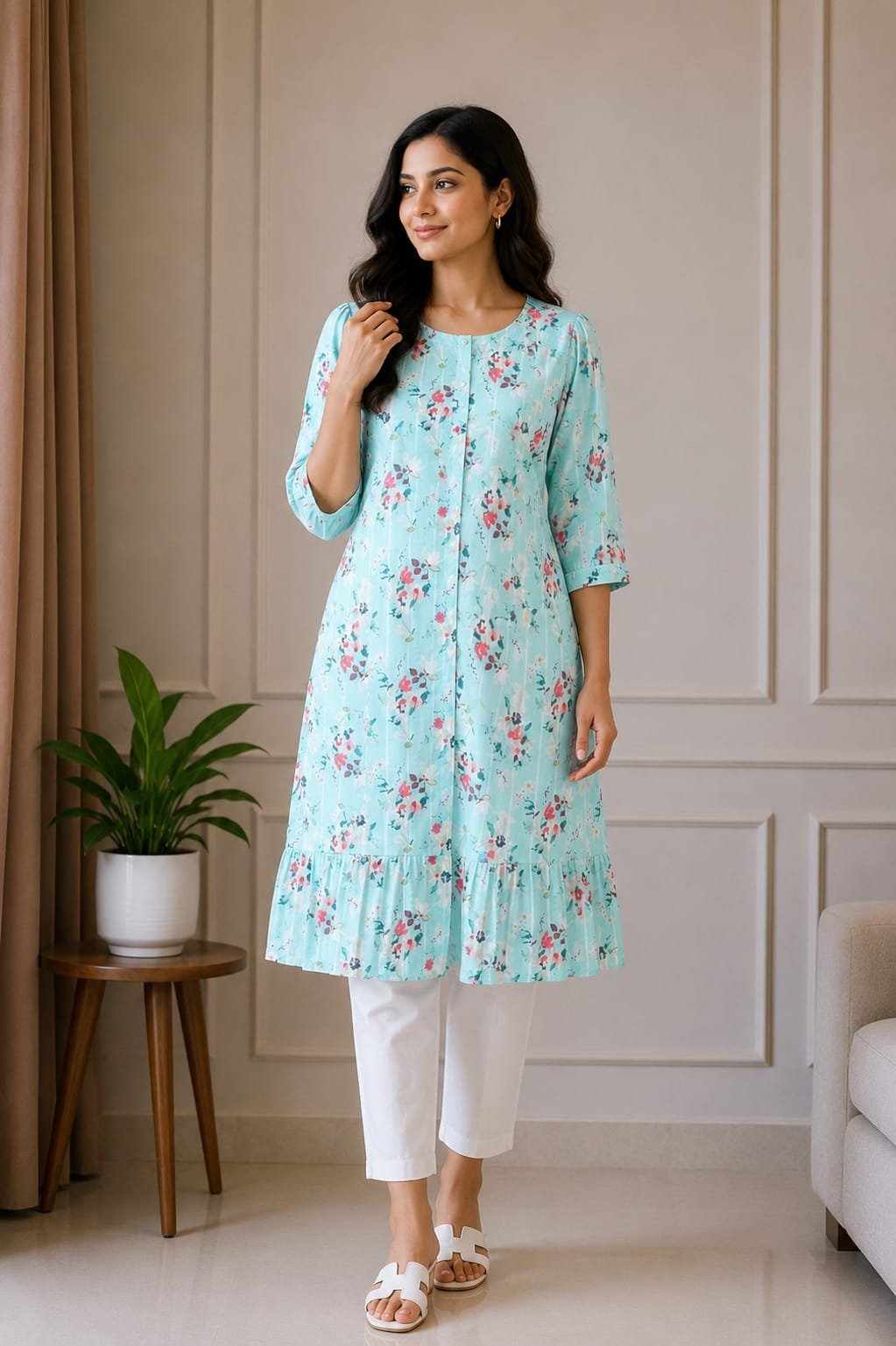 Sky Blue Floral Printed Flared Kurti for Women - View 2