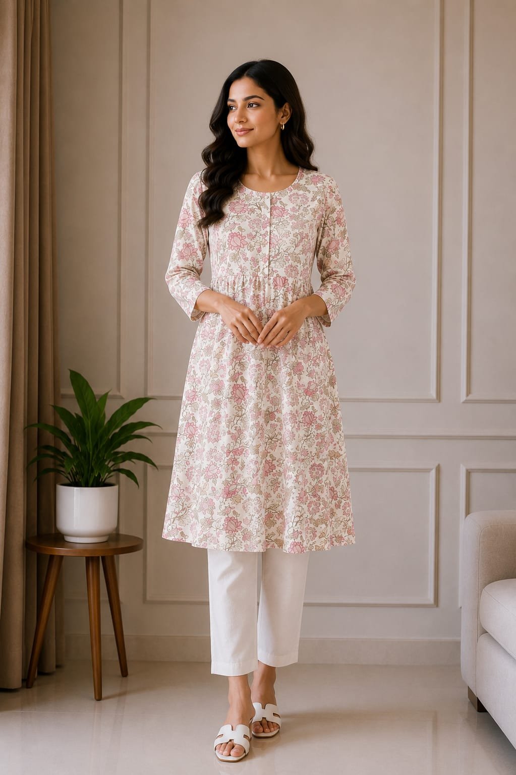 White & Pink Floral Printed A-Line Kurti for Women - View 2