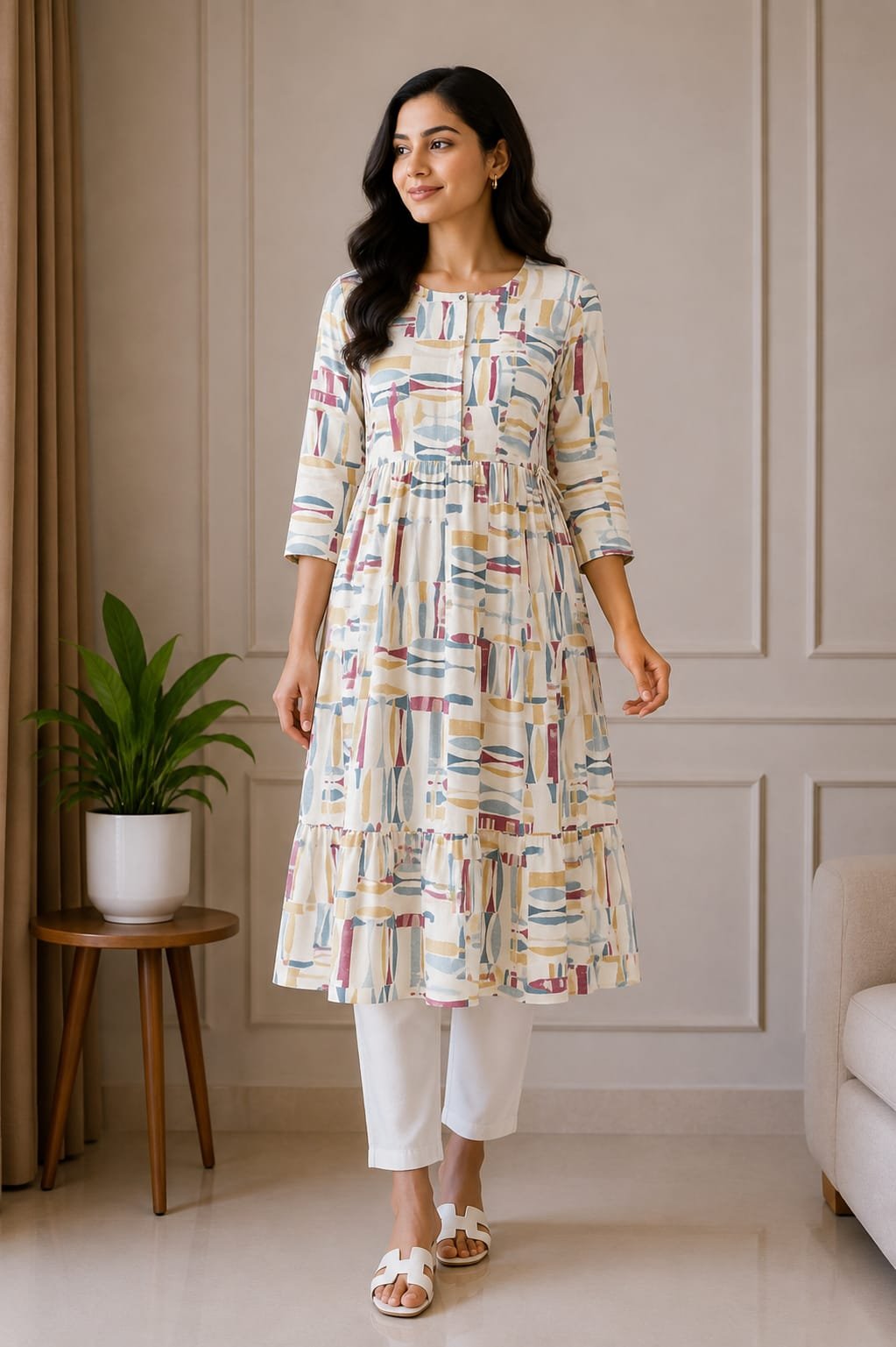 Multicolor Geometric Printed Flared Kurti for Women - View 2