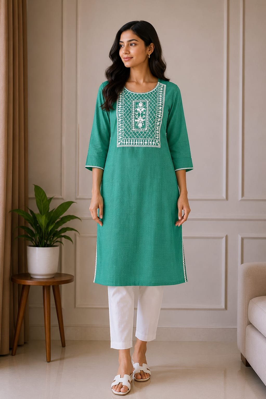 Teal Green Embroidered Straight Kurti for Women - View 2