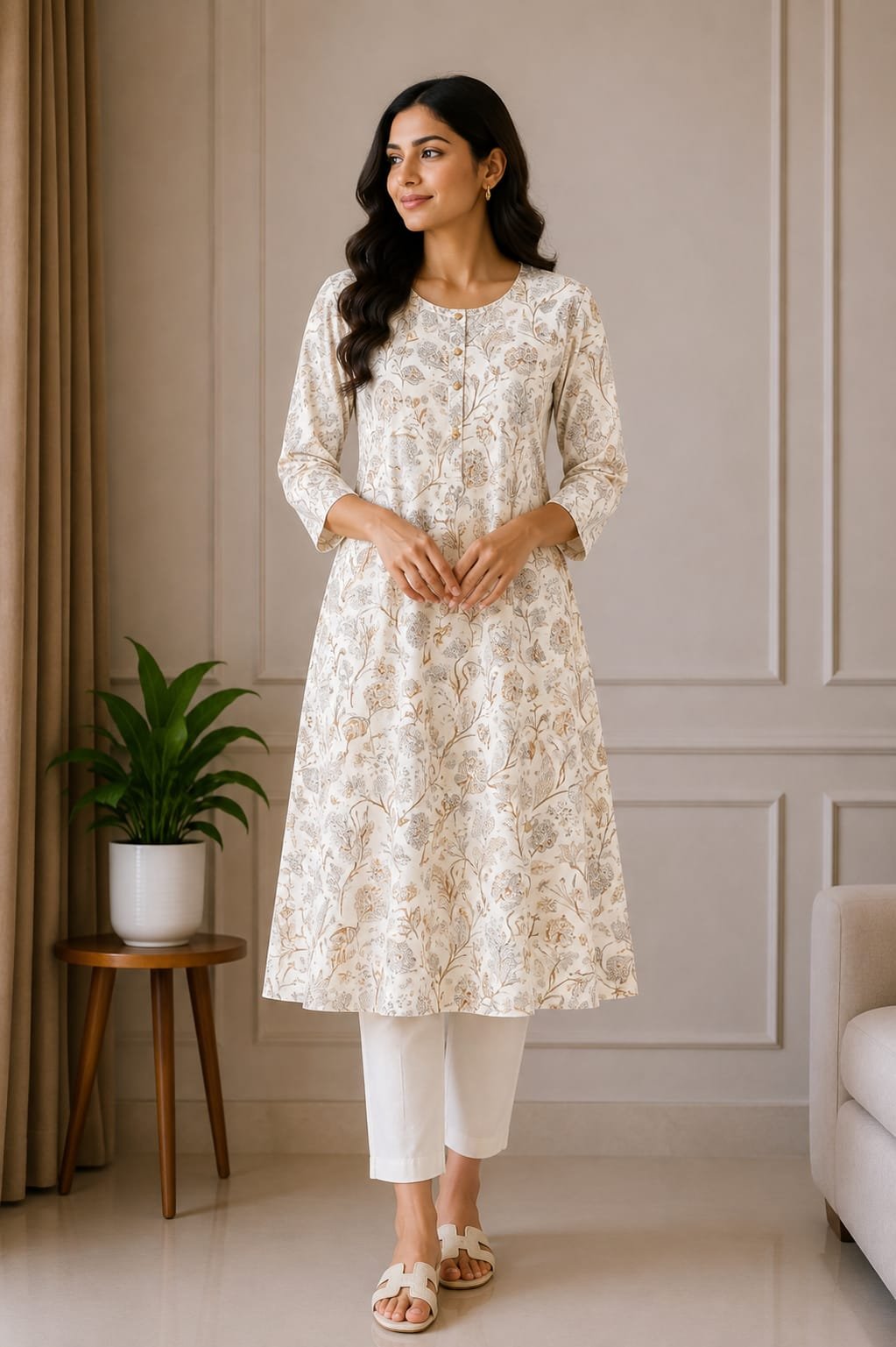 Cream Floral Printed A-Line Kurti for Women - View 2