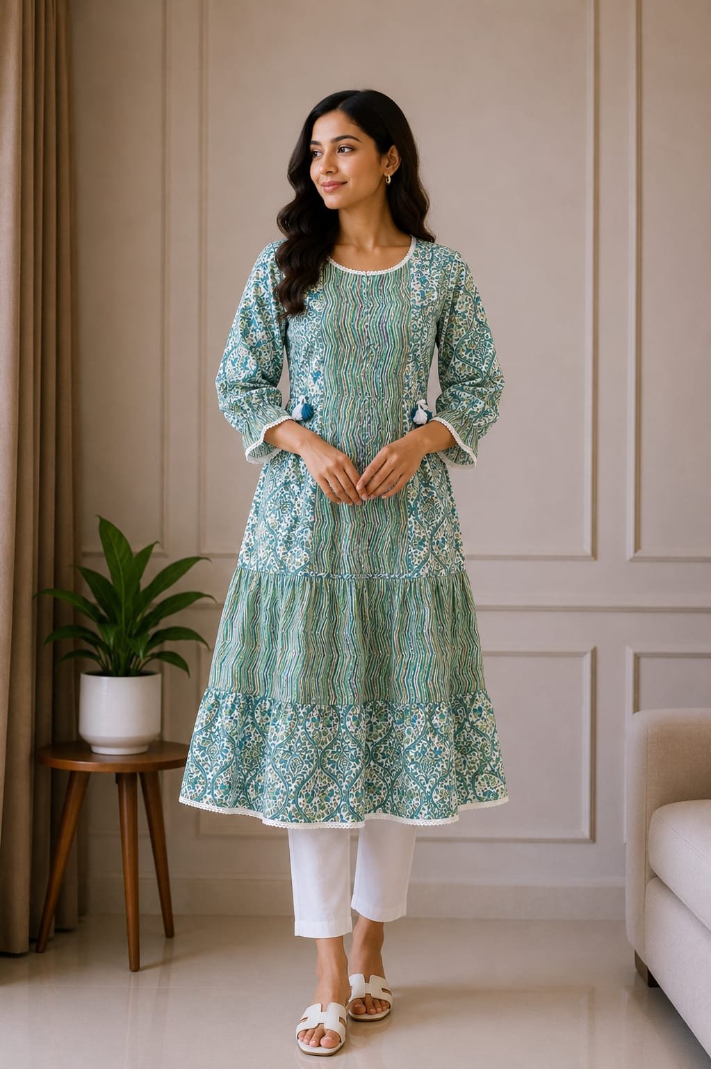 Teal Blue Printed Tiered A-Line Kurti for Women - View 2