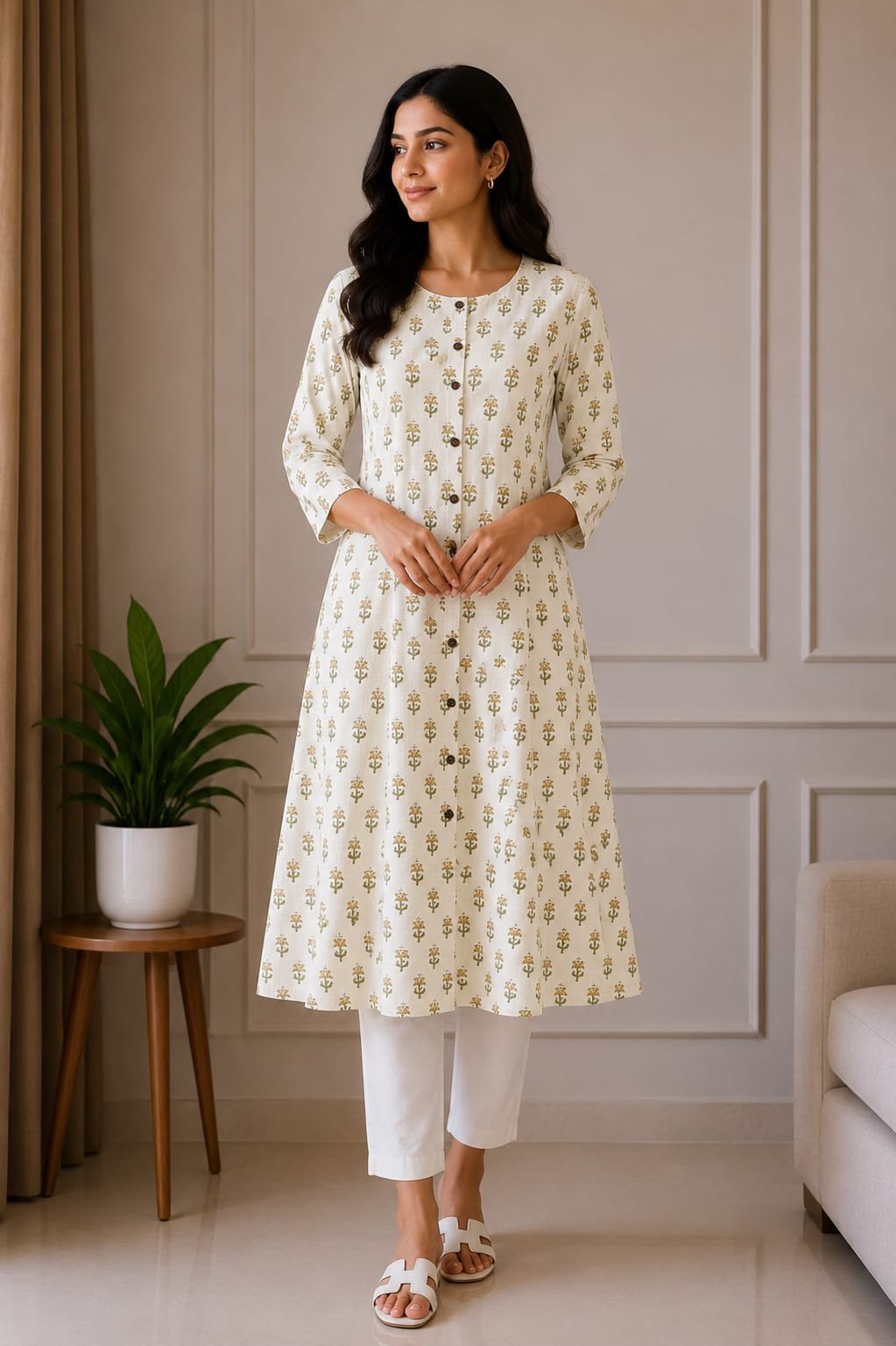 Ivory Floral Print A-Line Kurti for Women - View 2