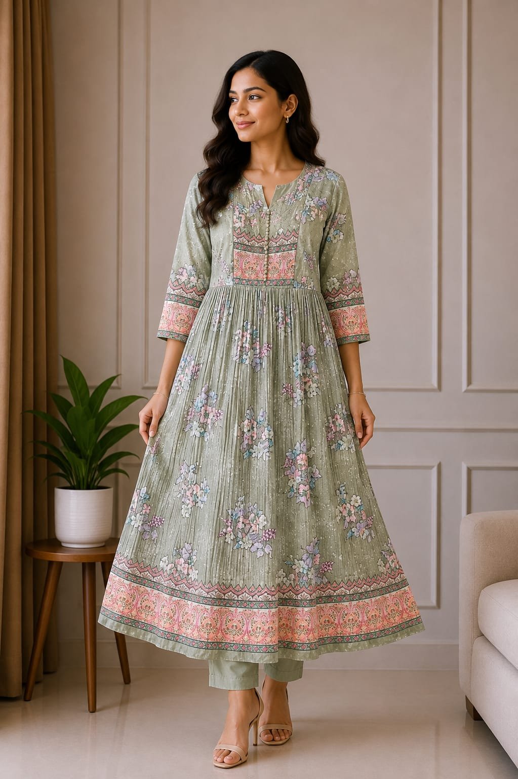 Sage Green Floral Printed Anarkali Kurta Set - View 2