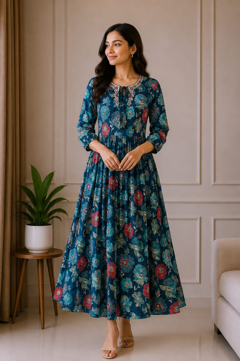 Teal Blue Floral Printed Anarkali Dress - View 2