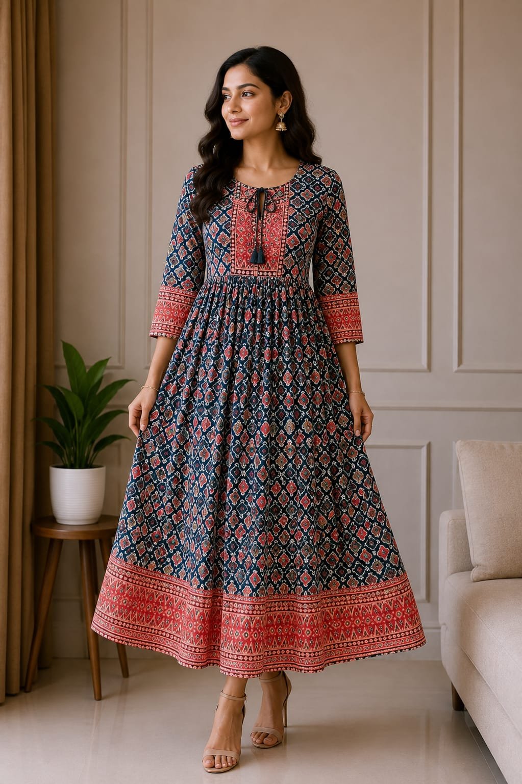 Navy Blue & Red Printed Anarkali Kurta Dress - View 2