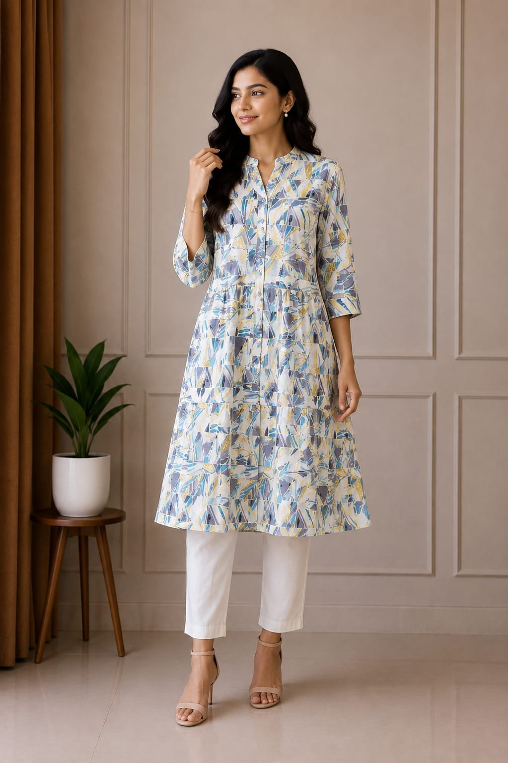 Blue & White Abstract Printed Tiered Kurta Set - View 2