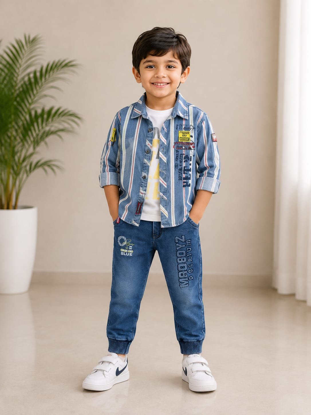 Boys’ Blue Denim Shirt Jacket with Graphic T-Shirt & Jogger Jeans Set - View 2