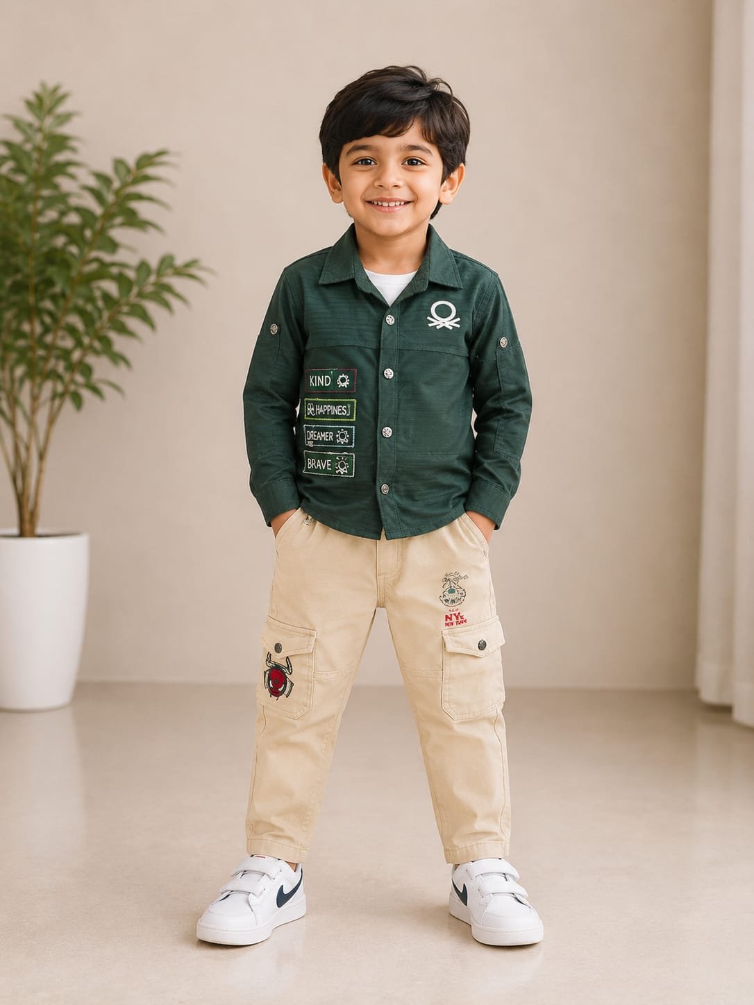 Boys’ Dark Green Casual Shirt with Beige Cargo Pants Set - View 2
