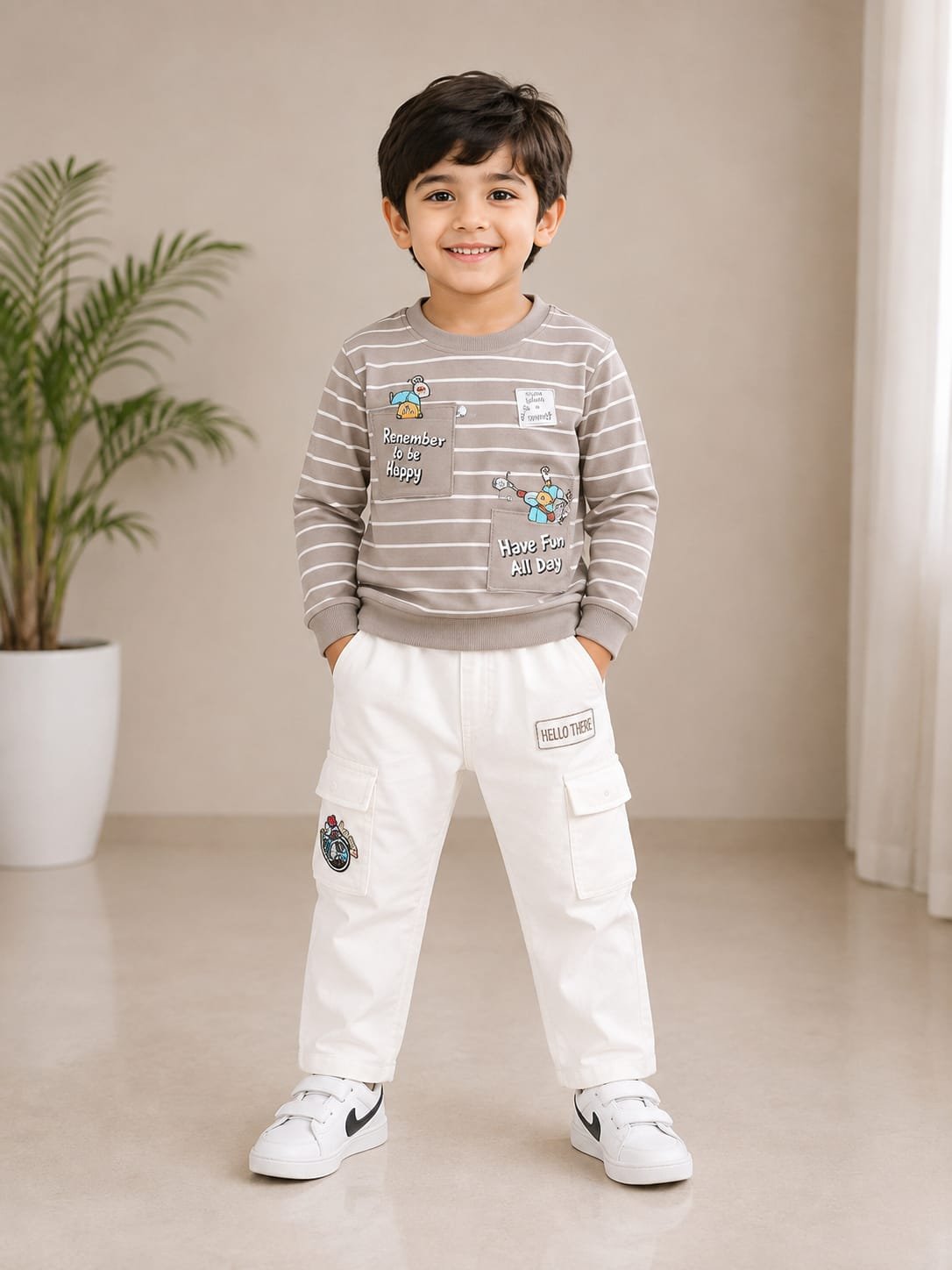 Boys’ Grey Striped Sweatshirt with White Cargo Pants Set - View 2