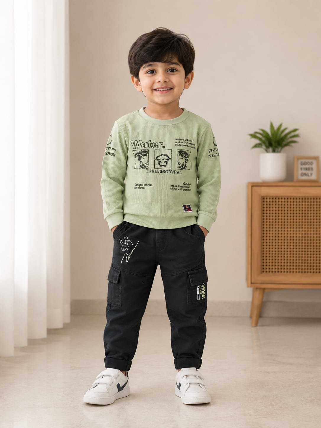 Boys’ Sage Green Printed Sweatshirt with Black Cargo Pants - View 2