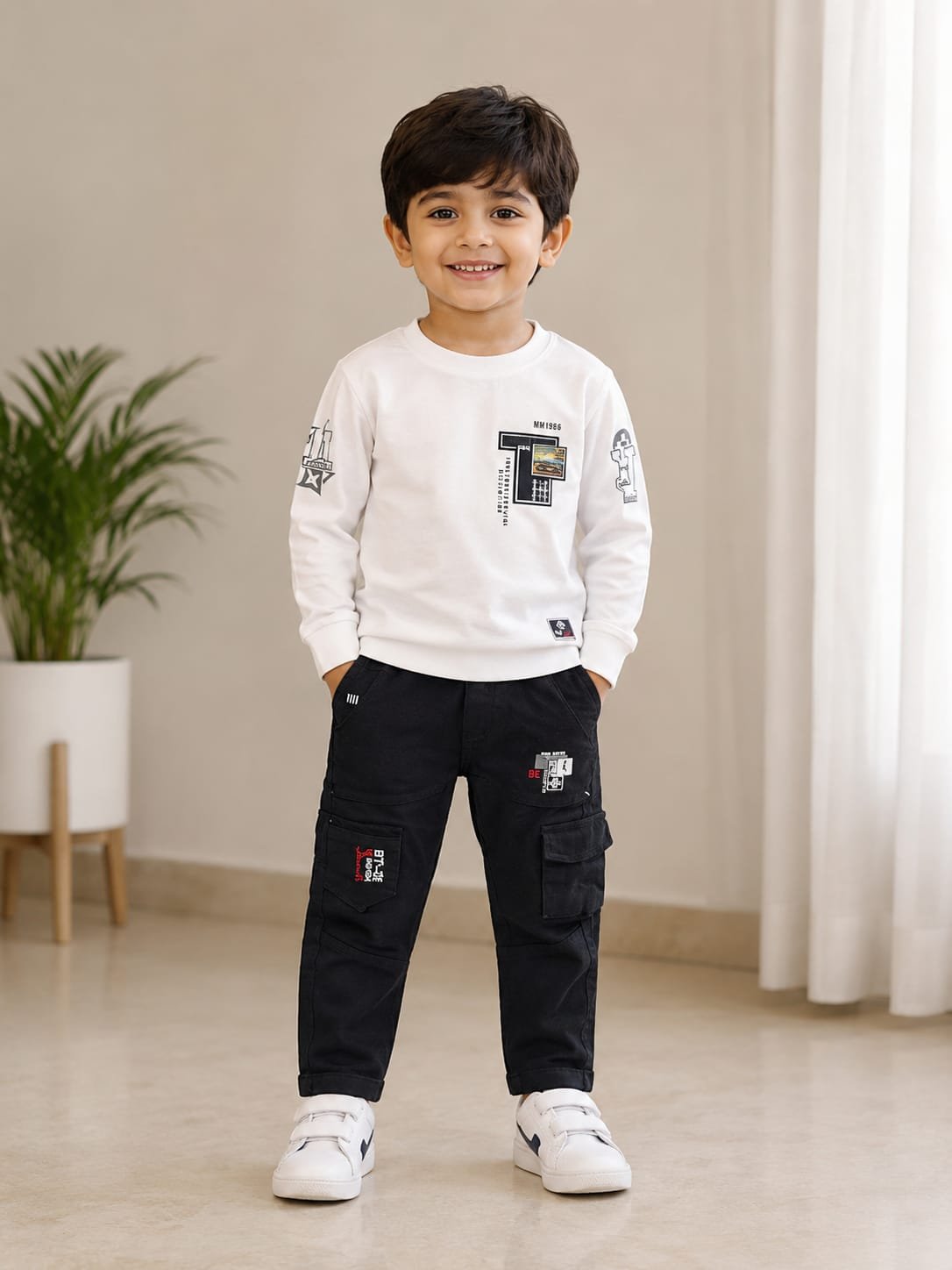 Boys’ White Graphic Sweatshirt with Black Cargo Pants - View 2