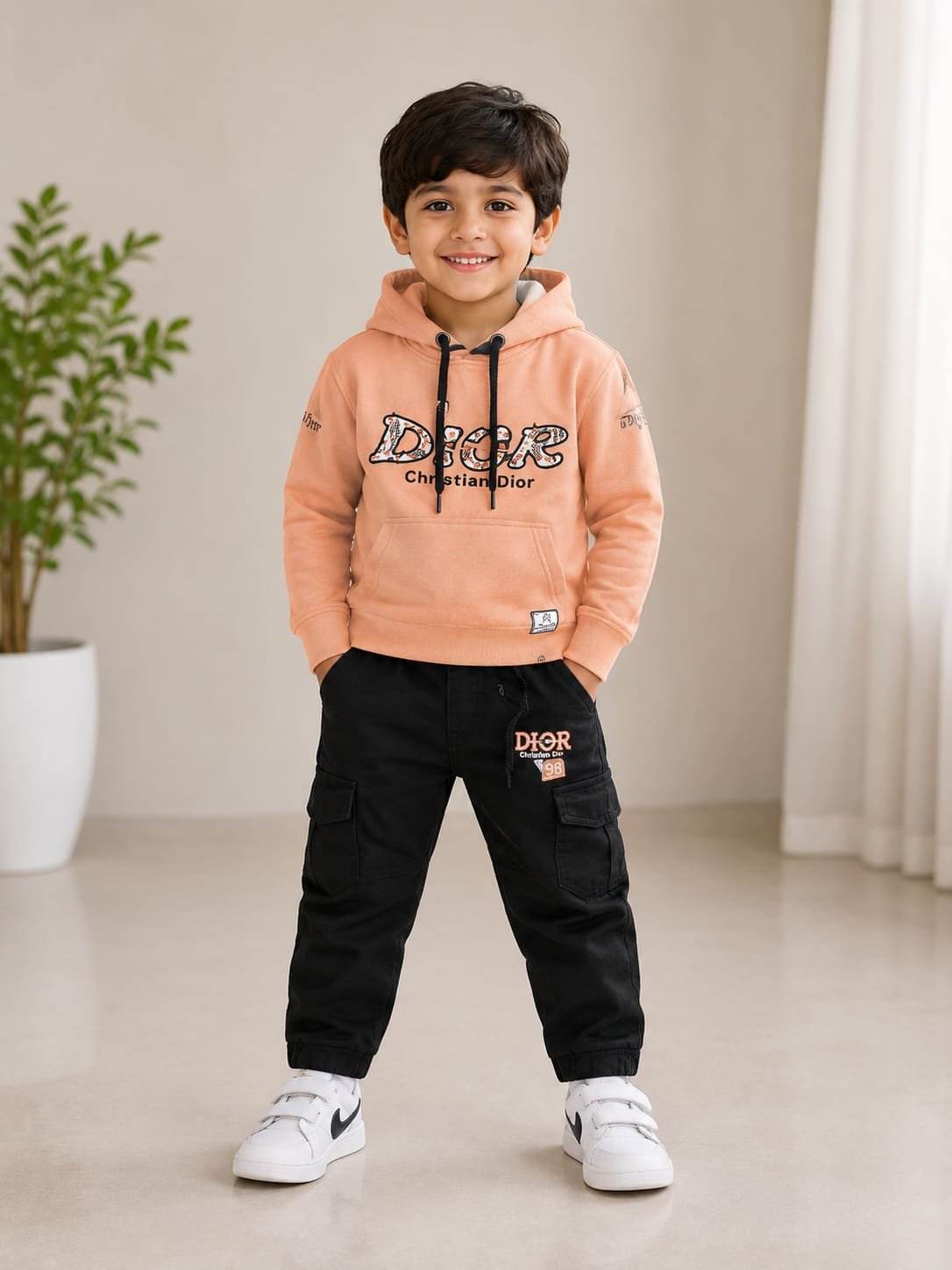 Boys’ Peach Graphic Hoodie with Black Cargo Pants - View 2