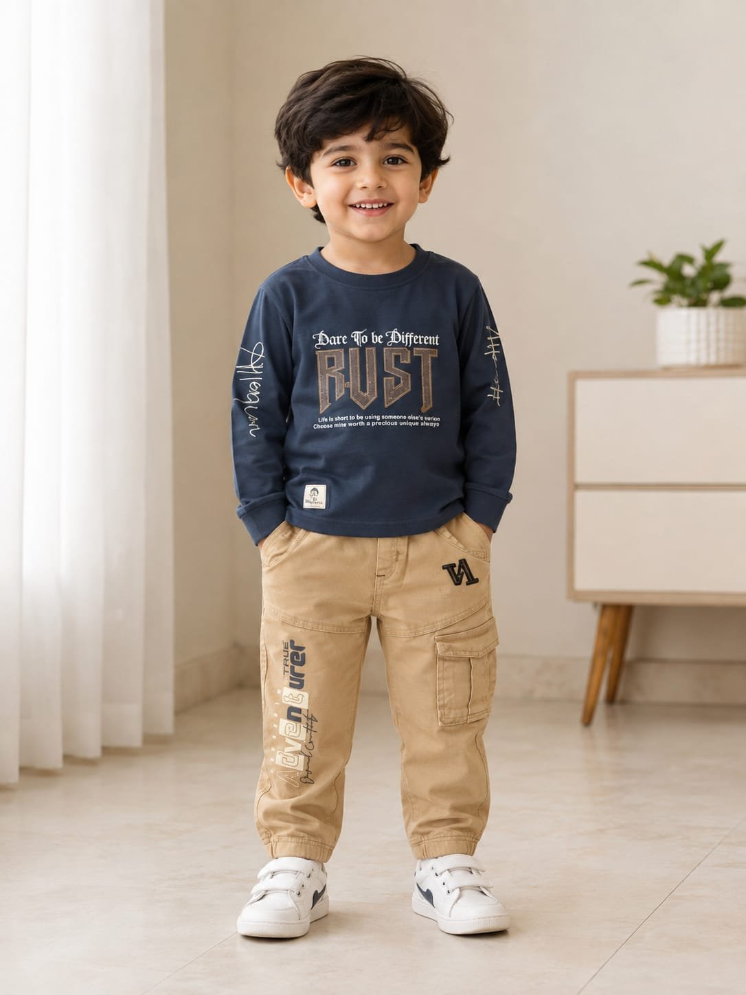 Boys’ Navy Blue Graphic Sweatshirt with Beige Cargo Pants - View 2