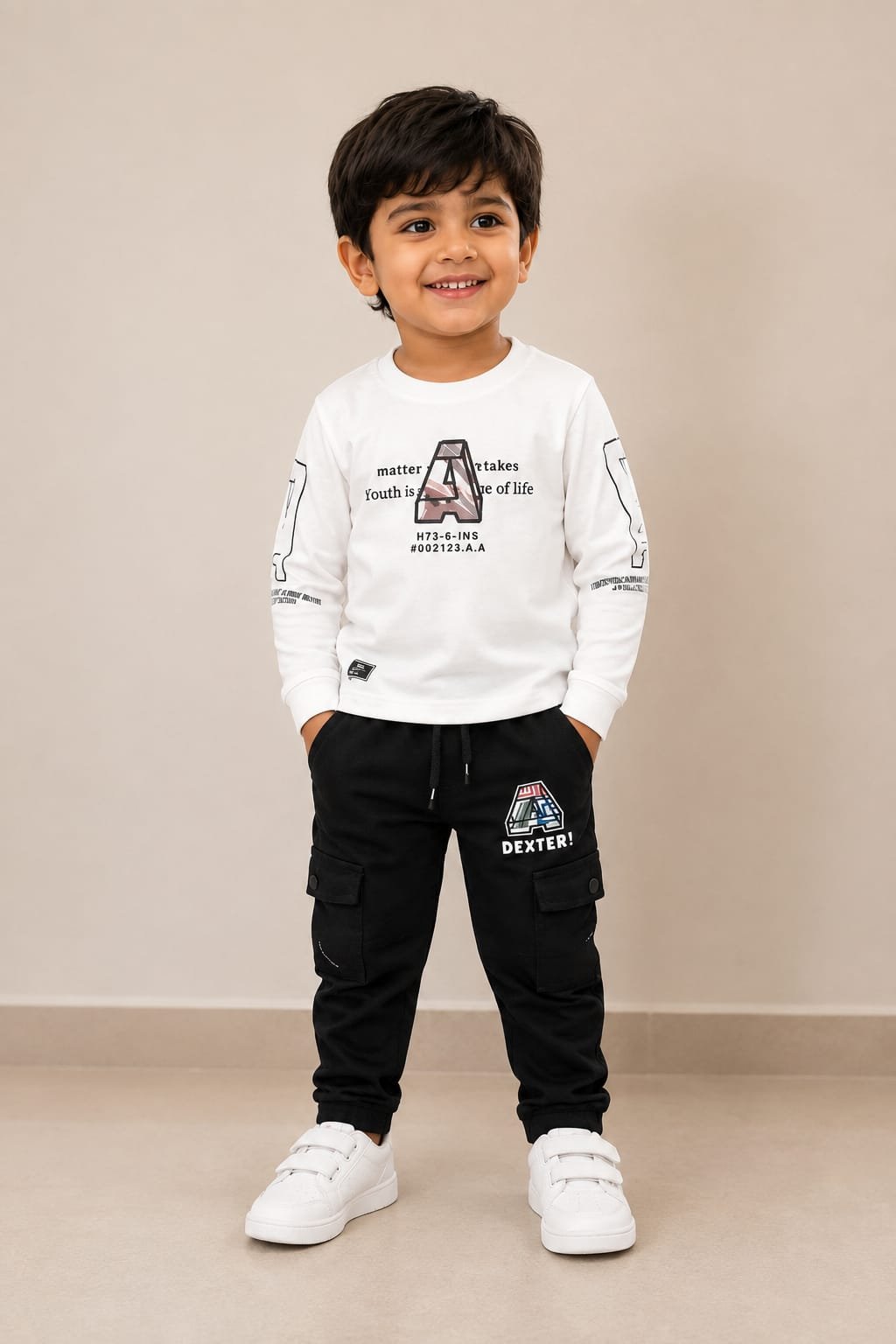 Boys’ White Graphic Sweatshirt with Black Cargo Joggers - View 2