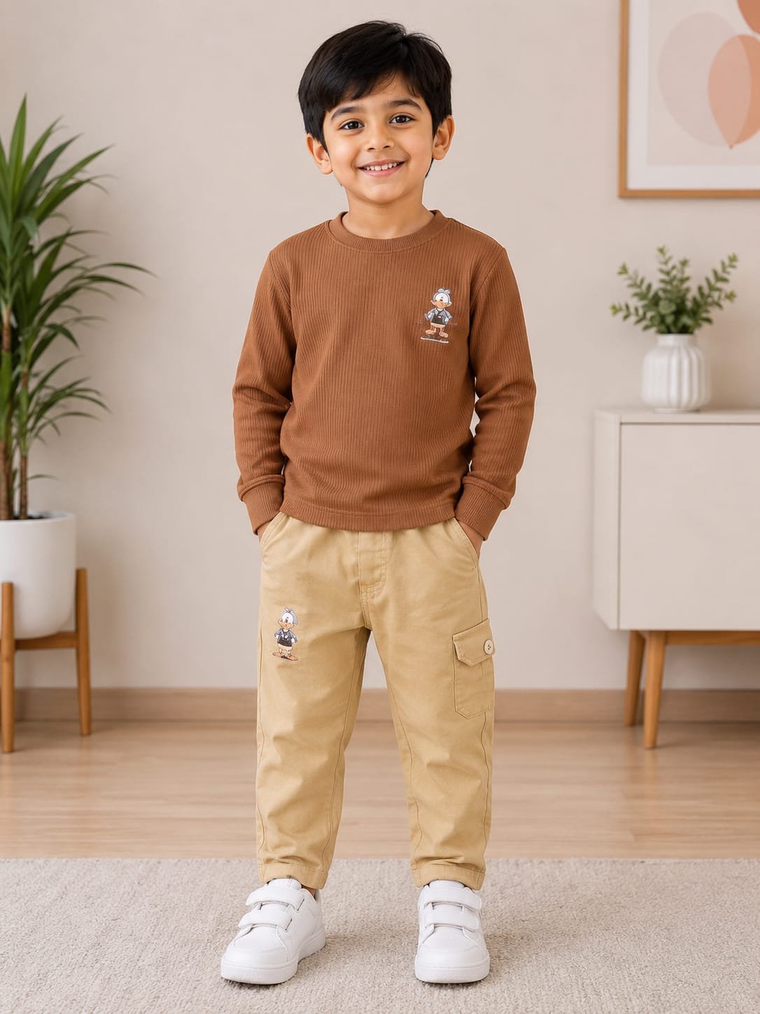 Boys’ Brown Ribbed Sweatshirt with Beige Cargo Pants - View 2