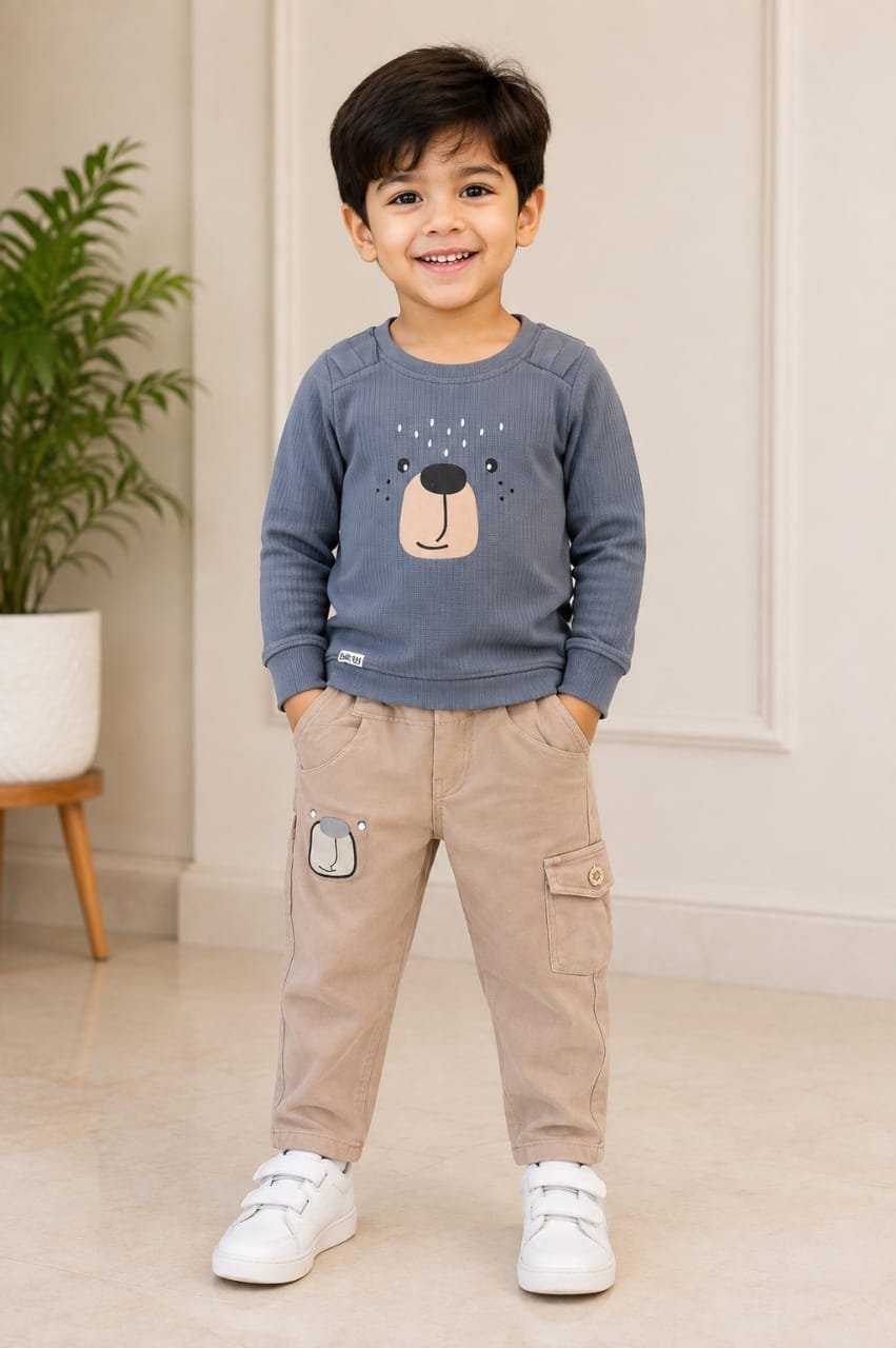 Boys’ Grey Bear Graphic Sweatshirt with Beige Cargo Pants - View 2