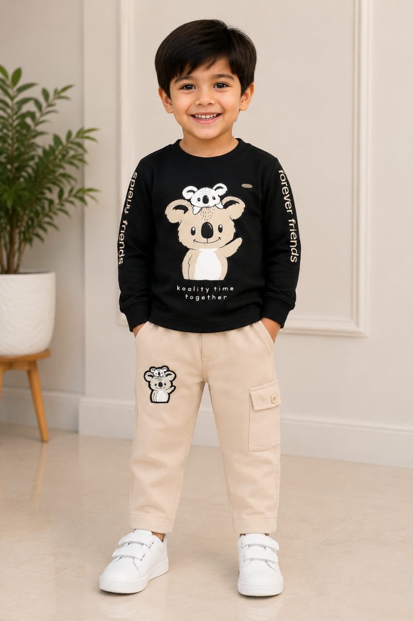 Boys’ Black Koala Graphic Sweatshirt with Beige Cargo Pants - View 2