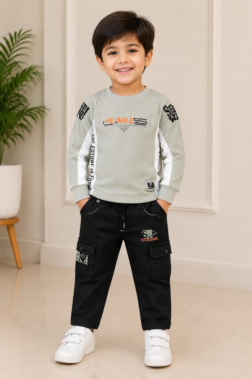 Boys’ Grey Graphic Sweatshirt with Black Cargo Pants - View 2