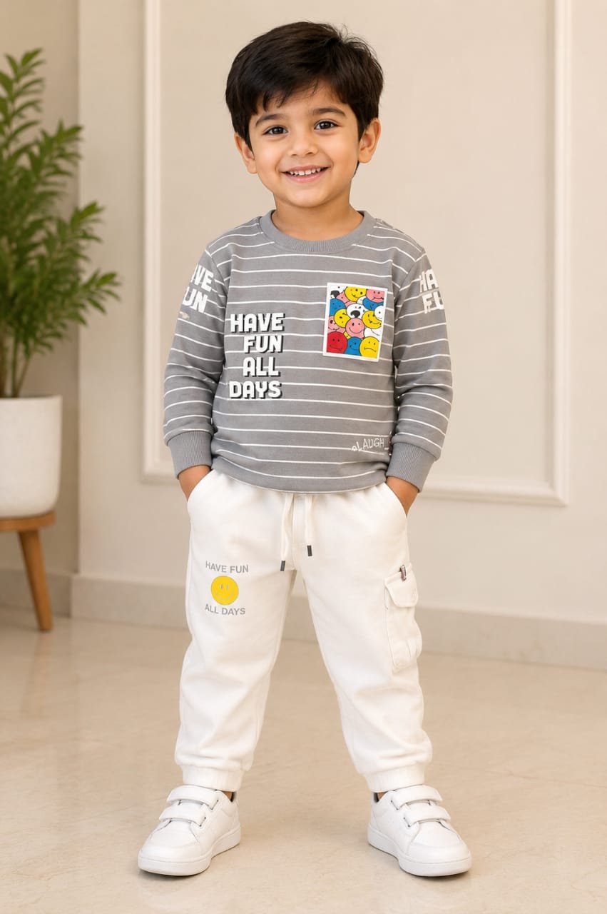 Boys’ Grey Striped Sweatshirt & White Cargo Jogger Set - View 2