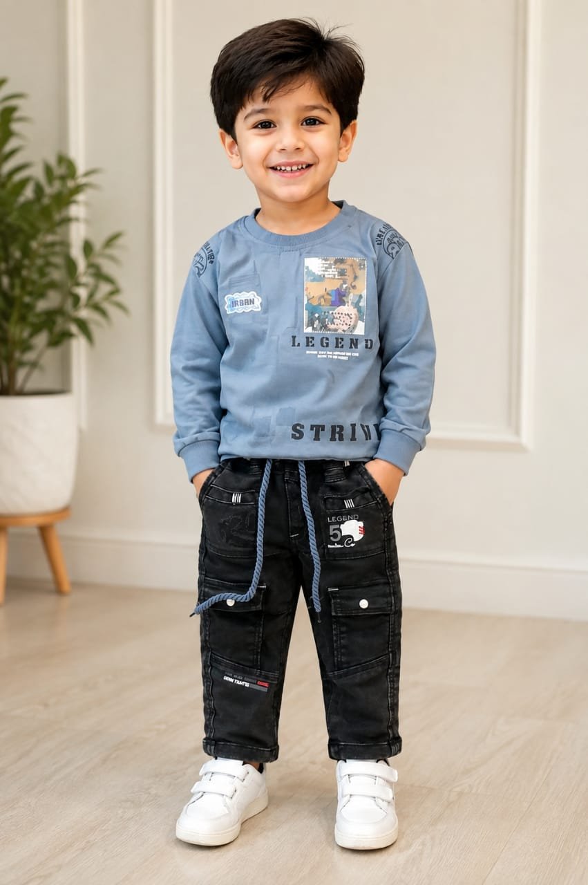Boys’ Blue Graphic Sweatshirt & Black Cargo Jeans Set - View 2