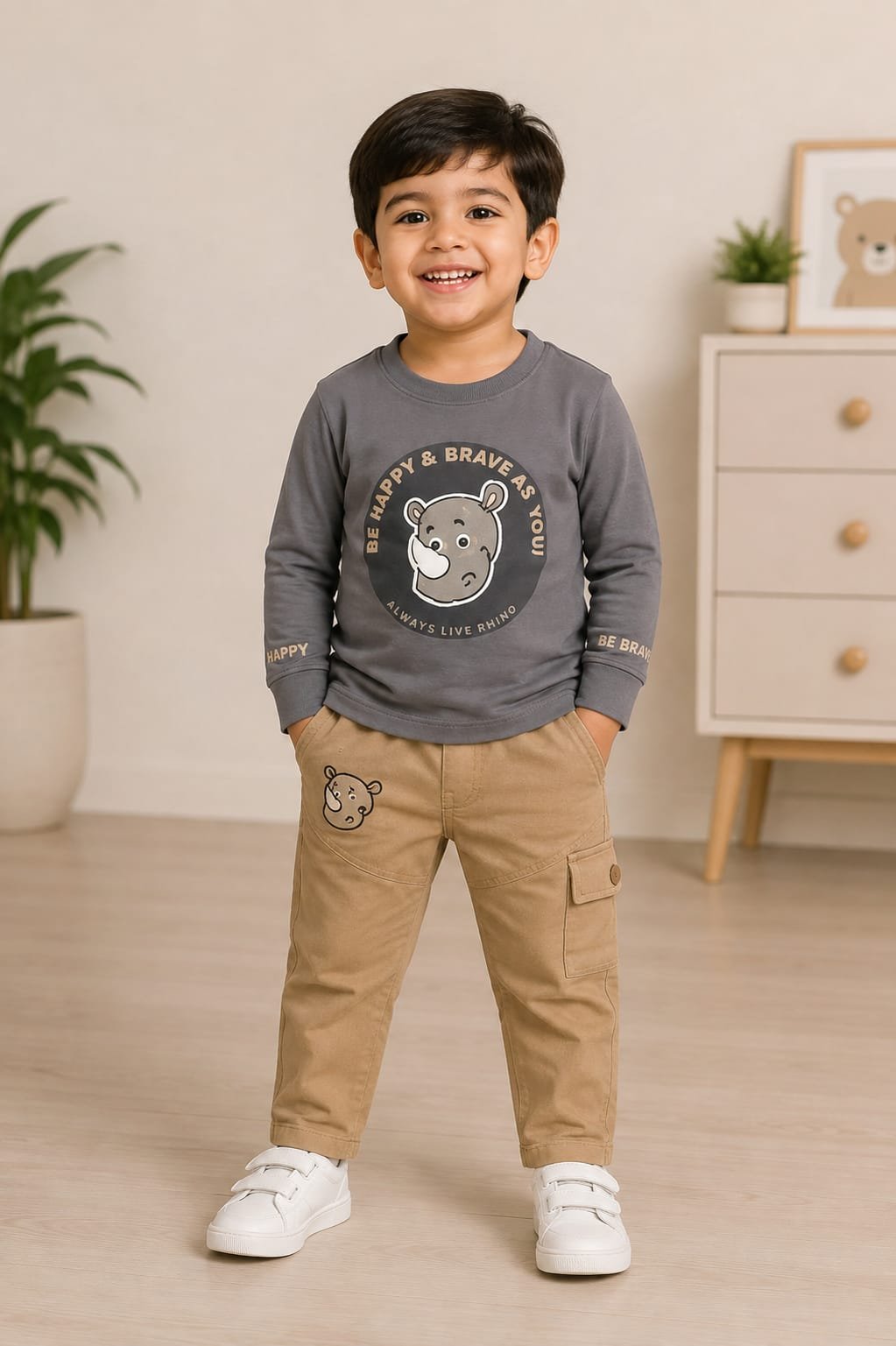 Boys’ Grey Rhino Graphic Sweatshirt & Beige Cargo Pants Set - View 2