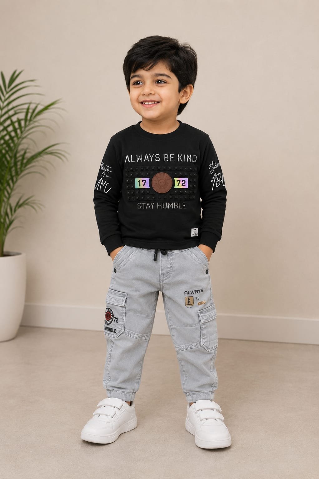 Boys’ Black Graphic Sweatshirt & Light Grey Cargo Jeans Set - View 2