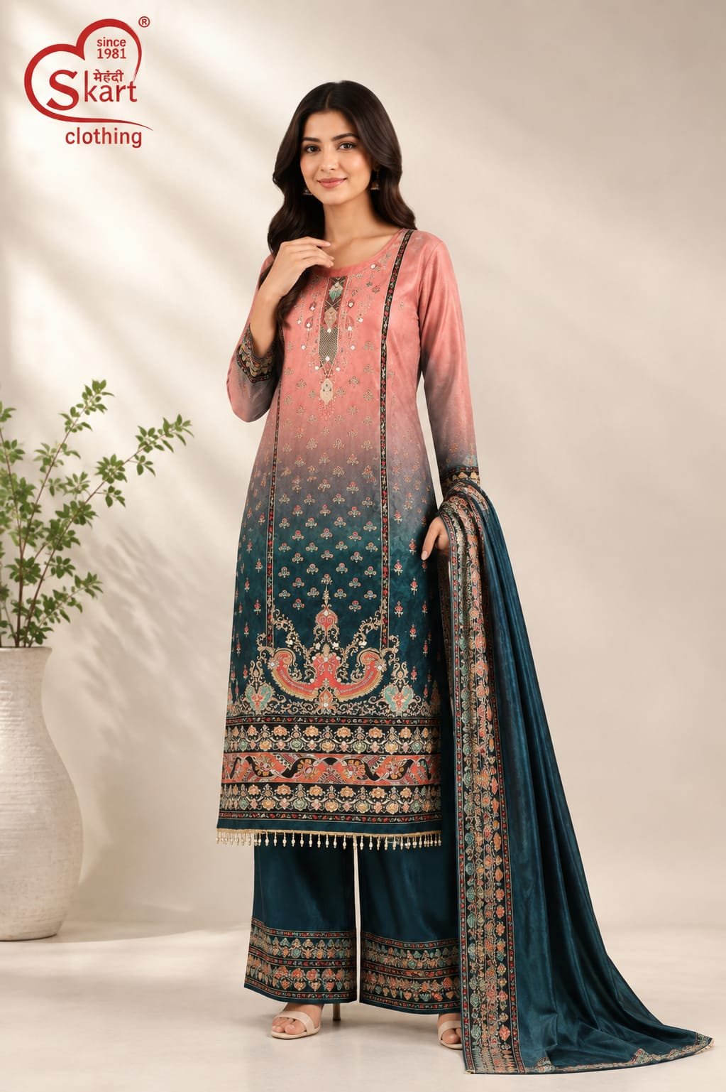 Women’s Printed Embroidered Kurta Palazzo Set with Dupatta - View 2