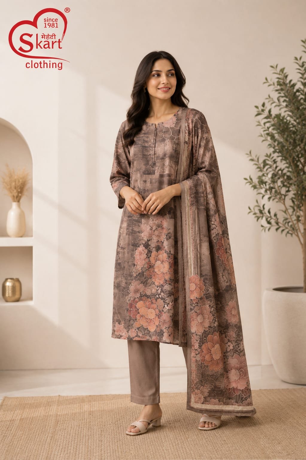 Women’s Brown Floral Printed Kurta Pant Set with Dupatta - View 2