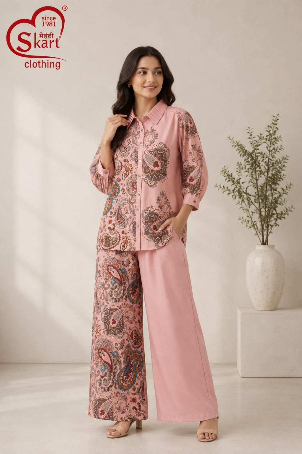 Women’s Pink Printed Shirt Style Top & Palazzo Set - View 2