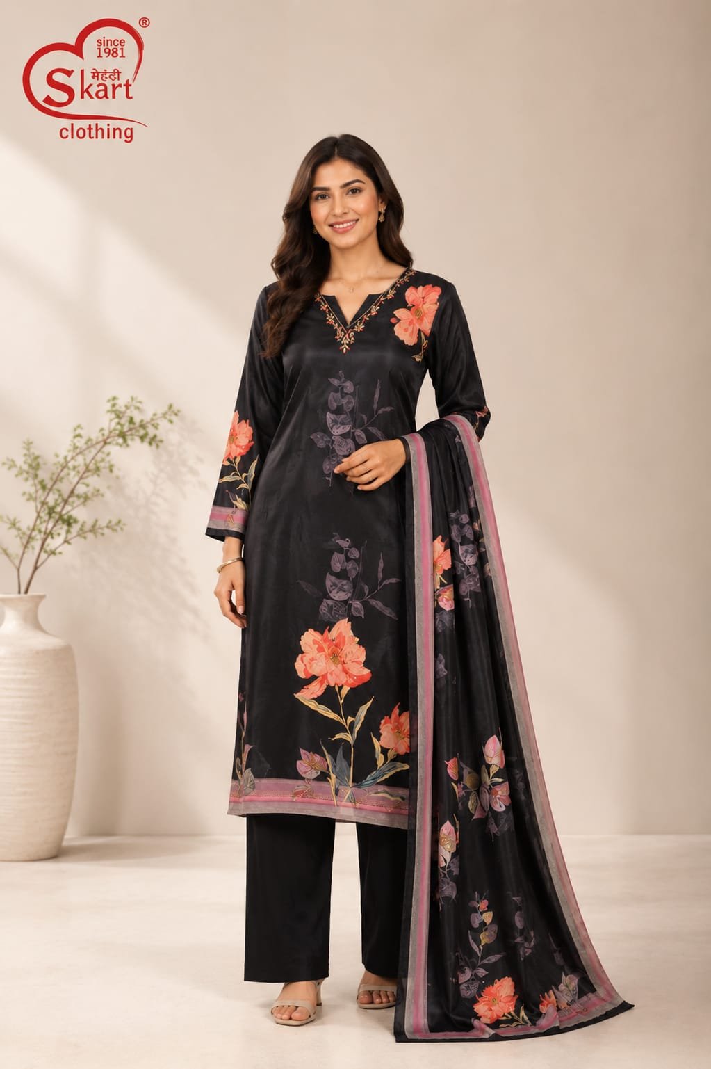 Women’s Black Floral Printed Kurta Pant Set with Dupatta - View 2
