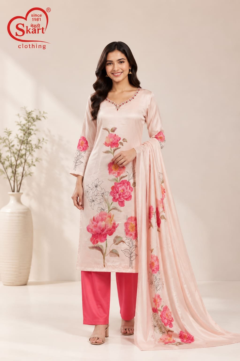 Women’s Peach Floral Printed Kurta Pant Set with Dupatta - View 2