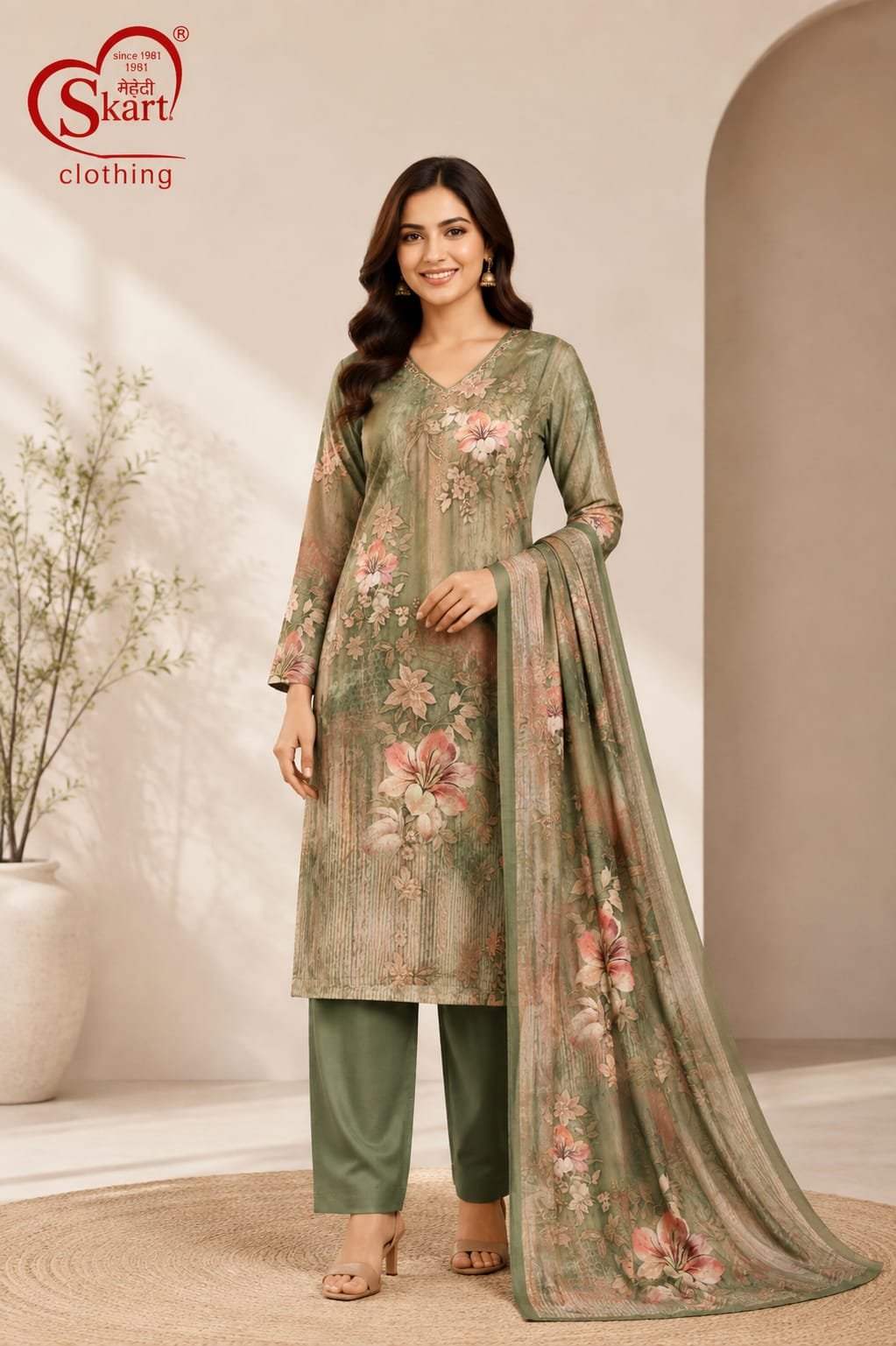 Women’s Olive Green Floral Printed Kurta Pant Set with Dupatta - View 2