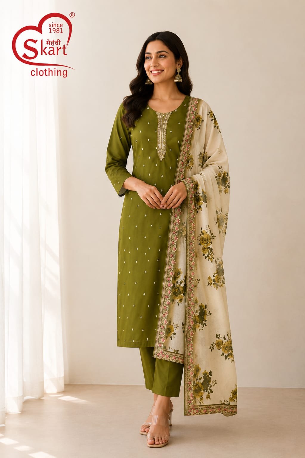 Women’s Olive Green Embroidered Kurta Pant Set with Floral Dupatta - View 2