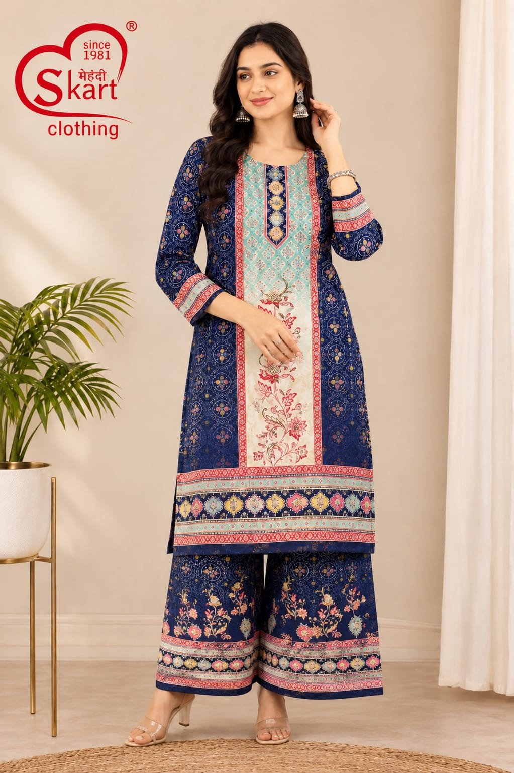 Women’s Navy Blue Printed Kurta Palazzo Set - View 2