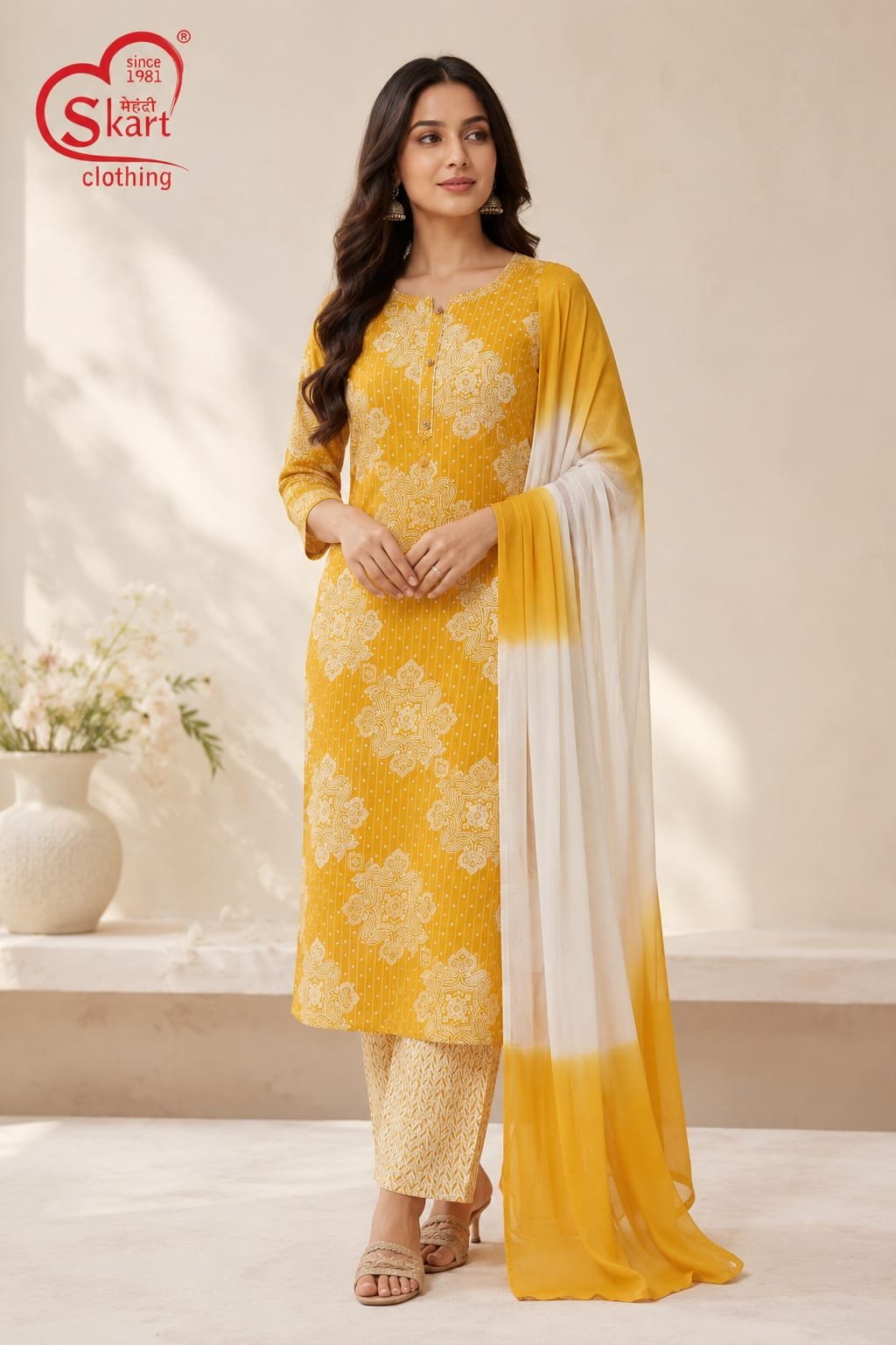 Women’s Mustard Yellow Printed Kurta Pant Set with Dupatta - View 2