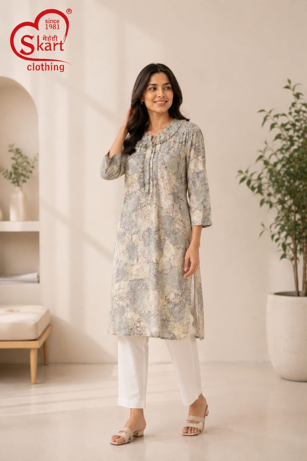 Women’s Beige Floral Printed Kurta with White Pants - View 2